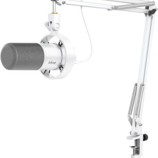 FIFINE Dynamic Microphone with Boom Arm, Studio Vocal XLR Microphone, Podcast USB Mic Kit for PC with Mute Button, Volume Knob, Headphone Jack, for Streaming Recording-AmpliTank K688CT White