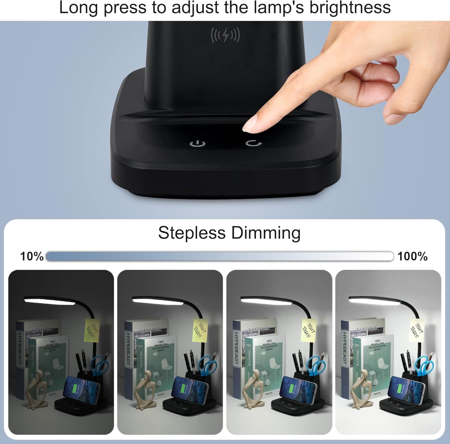 Sailstar Desk Lamp, LED Desk Lamps for Home Office, Wireless Charger Small Desk Lamp with Pen Holder, 3 Color Modes, Dimmable, CRI 85, 800LM, Study Lamps for College Dorm Room, Adapter Included, Black - Image 5