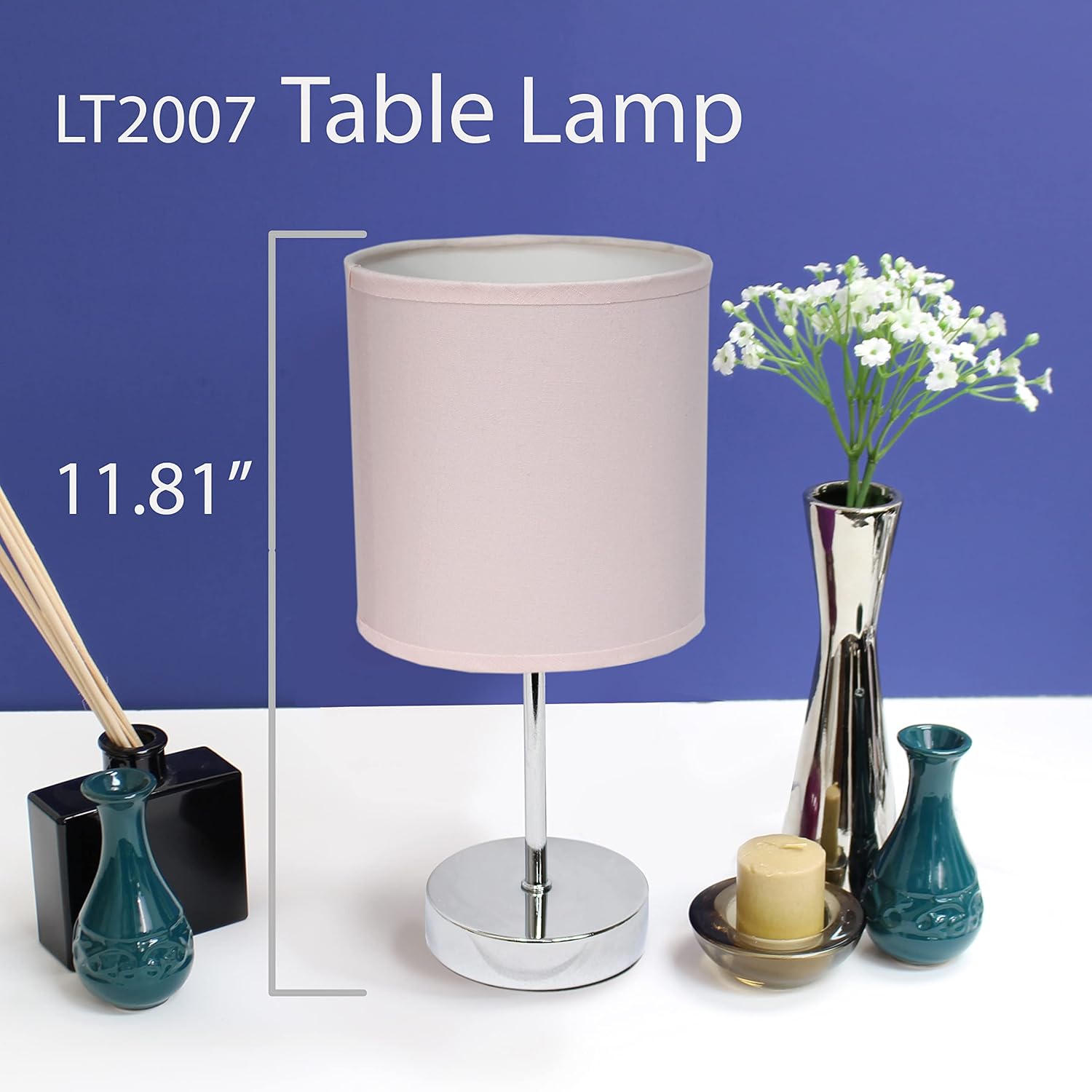 Simple Designs LT2007-BPK Chrome Mini Basic Table Lamp with Fabric Shade, Blush Pink - Image 2